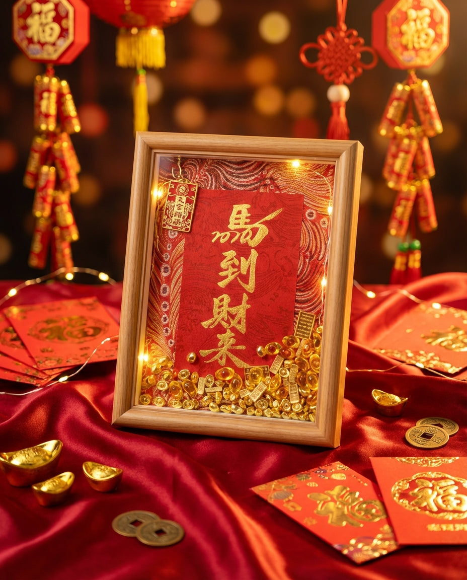 2026馬年招財風水禮品：手寫馬到財來流金立體擺台，適合開業送禮與家居財位佈置。2026 Year of the Horse Wealth Feng Shui Gift: Handwritten 'Ma Dao Cai Lai' Gold Foil Motion Shadow Box for Business Opening and Home Wealth Corner