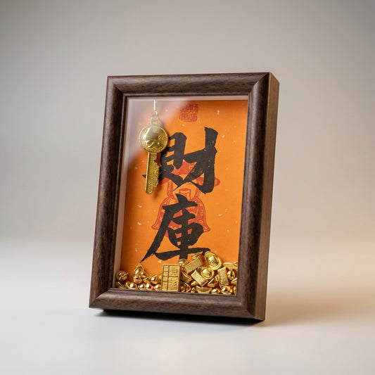 Framed Feng Shui Wealth Vault art featuring handwritten Chinese 'Cai Ku' characters on yellow paper with 3D gold ingots and key charms.